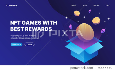 Box with flying coins, cryptocurrency logo. P2E Crypto Games Landing Page Concept. NFT games with the best rewards 96666550