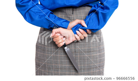 cropped view of woman with crime knife isolated on white. woman going to murder in studio. 96666556