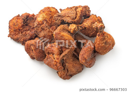 Breaded chicken drumstick, leg, wing and breast tenders strips on white background with shadow 96667303