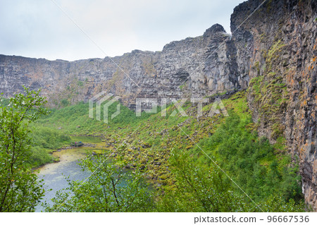 Asbyrgi glacial canyon and Botnstjorn lake, Iceland 96667536