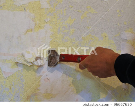 cleaning debris on the wall during repairs using a long-handled scraper in contrasting lighting with shadows, a fragment of preparing the wall surface for updating wallpaper 96667650