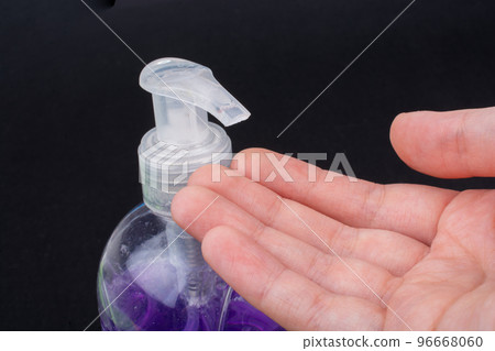 Hands using hand sanitizer gel pump dispenser for corona virus prevention, Hands using hand sanitizer gel pump dispenser for corona virus prevention, 96668060