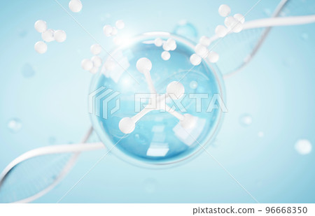 Cosmetics Essence molecule, collagen, Vitamin or Serum drop water for moisturizer. Liquid molecule chemical structure on water background. Cosmetics power treatment. Natural product. 3d rendering. 96668350