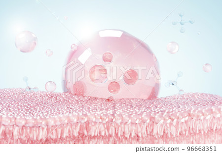 Cosmetics Essence molecule, collagen, Vitamin or Serum drop water for moisturizer. Liquid molecule chemical structure on water background. Cosmetics power treatment. Natural product. 3d rendering. 96668351