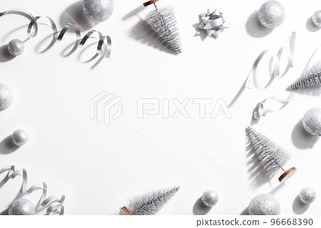 Xmas holiday composition with decorative Xmas trees and podiums on beige with copy space. 3d render 96668390