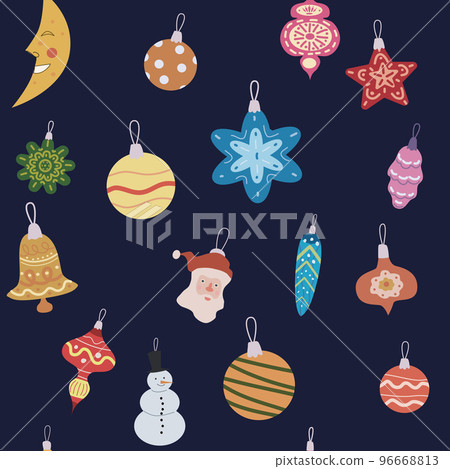 Christmas seamless pattern retro balls, toys. Doodle vintage icons Christmas seamless pattern retro balls, toys. Doodle vintage icons 96668813