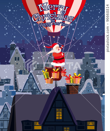 Santa Claus delivers gifts in a balloon. Merry Christmas poster, night, old Europe city, town Santa Claus delivers gifts in a balloon. Merry Christmas poster, night, old Europe city, town 96668814