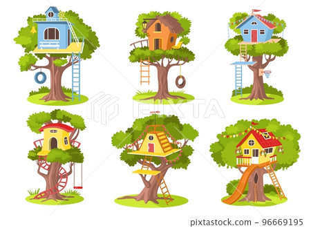 Children tree houses. Kids playing constructions with rope and wooden ladders. Tire swings. Cozy buildings on wood branches. Little homes. Playground huts. Splendid vector isolated set 96669195