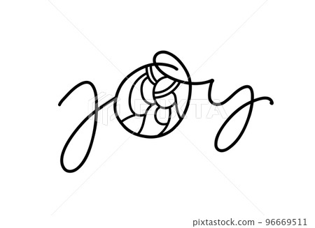 Joy monoline calligraphy text and Christmas Vector religious Nativity Scene of baby Jesus with Joseph and Mary. Minimalist art line drawing, print and logo design 96669511