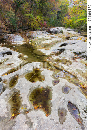 Summer day forest stream water with motion blur waves 96669582