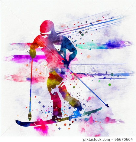 Cross-country skiing. Watercolor illustration of a cross-country skier 96670604