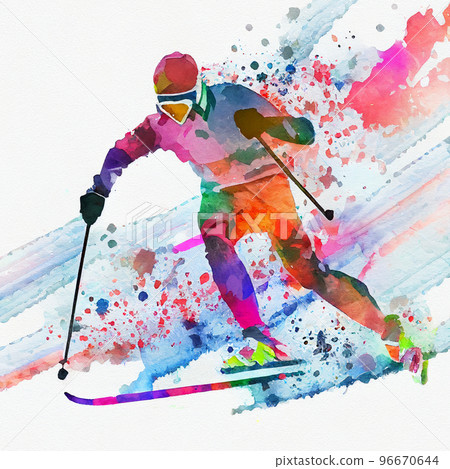 Cross-country skiing. Watercolor illustration of a cross-country skier 96670644