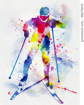 Cross-country skiing. Watercolor illustration of a cross-country skier 96670645