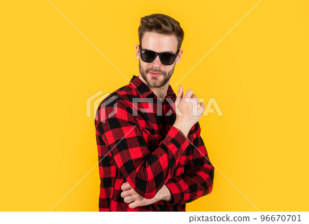 well groomed hairstyle. male beauty and fashion look. checkered shirt for bearded guy. unshaven handsome man with bristle in sunglasses. hairdresser concept. young and confident. his perfect style well groomed hairstyle. male beauty and fashion look. checkered shirt for bearded guy. unshaven handsome man with bristle in sunglasses. hairdresser concept. young and confident. his perfect style 96670701