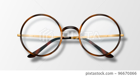 Vector 3d Realistic Round Frame Glasses Icon Isolated. Leopard Frame. Transparent Sunglasses for Women and Men, Accessory. Optics, Lens, Vintage, Trendy Glasses. Top View Vector 3d Realistic Round Frame Glasses Icon Isolated. Leopard Frame. Transparent Sunglasses for Women and Men, Accessory. Optics, Lens, Vintage, Trendy Glasses. Top View 96670866