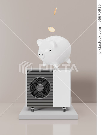 Air heat pump and piggy bank with falling coins on beige background. Modern, environmentally friendly heating. Save your money with air source heat pump. Vertical format. 3d rendering. Air heat pump and piggy bank with falling coins on beige background. Modern, environmentally friendly heating. Save your money with air source heat pump. Vertical format. 3d rendering. 96670919