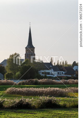 View over the River Scheldt, vegetation and the village in the background, Berlare, Belgium 96671054