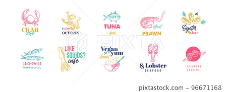Colourful logo set with seafood for oyster bar, fish restaurant, tavern, bistro 96671168