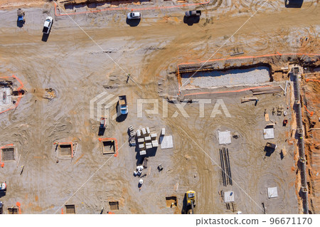 Preparing for pouring of concrete foundations construction new building as part construction process 96671170