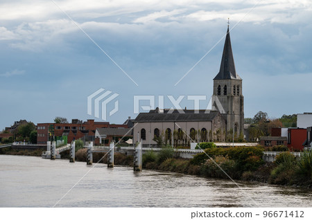 Schellebelle, East Flemish Region, Belgium ,  View over the village at the banks of the River Scheldt 96671412