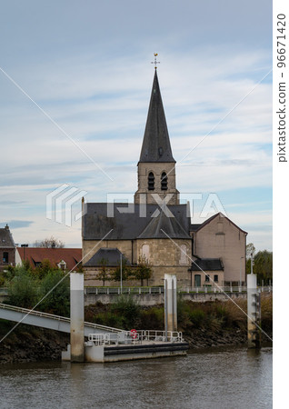Wichelen, East Flemish Region, Belgium , Village church at the banks of the River Scheldt 96671420