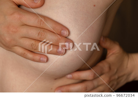 Unrecognizable Women topless doing self-checks for breast cancer. BSE Checking up breast changes, possible lumps, distortions or swelling. Breast cancer awareness 96672034