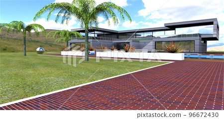 The project of exclusive club apartments. The path to the recreation area is paved with red brick. Spacious meadow with palm trees and a steel ball. 3d render. 96672430