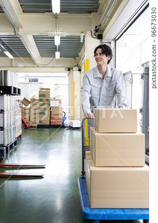 Logistics / transportation industry: Men carrying luggage on trolleys 96673030