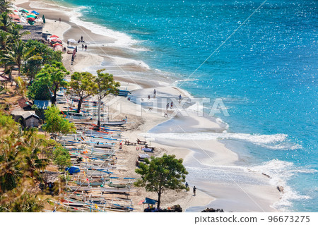 Aerial view of White sand beach in east Bali 96673275