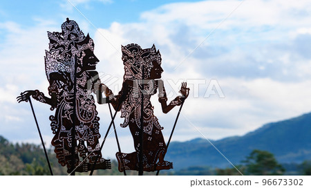 Black shadow silhouette of traditional Balinese puppets Wayang Kulit 96673302