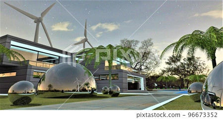 Evening at the futuristic villa. Chrome balls reflect the starry sky. The ends of the pedestrian paths are illuminated by luminocentic paint. 3D Render. 96673352