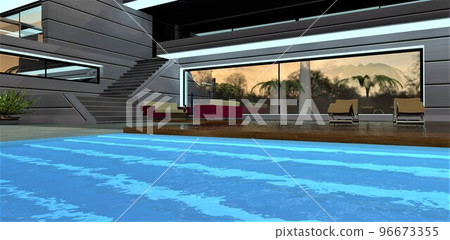Evening comes in the courtyard of a modern country house. Relaxation area with illuminated pool and decking. LED window lighting. 3d render. 96673355