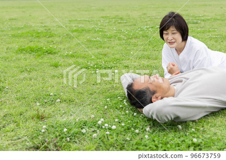 Senior couple lying on the lawn Senior couple lying on the lawn 96673759