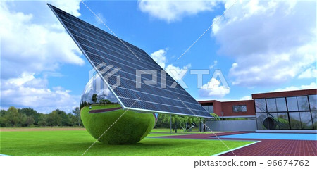 Fully autonomous solar power plant equipped with a tracker that rotates the ball with a photovoltaic panel. Batteries and other electronics are located inside. 3d render. Fully autonomous solar power plant equipped with a tracker that rotates the ball with a photovoltaic panel. Batteries and other electronics are located inside. 3d render. 96674762