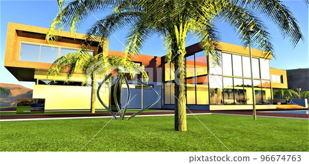 Gorgeous sunny day. A private country villa with a large green lawn, palm trees and red brick sidewalks framed in a white curb. 3d render. Gorgeous sunny day. A private country villa with a large green lawn, palm trees and red brick sidewalks framed in a white curb. 3d render. 96674763