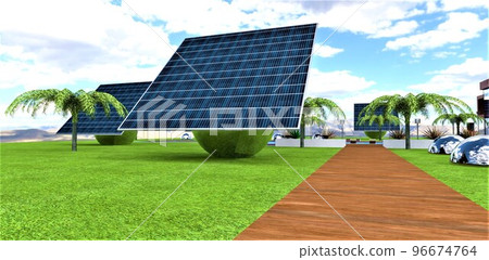 High-efficiency photovoltaic panels on rotating steel balls to increase the amount of solar energy received. Fully autonomous optimized power plant. 3d render. High-efficiency photovoltaic panels on rotating steel balls to increase the amount of solar energy received. Fully autonomous optimized power plant. 3d render. 96674764