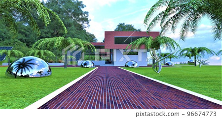 The road to the house is paved with red-blue bricks with a white border around the edges. Metal decorative installations on the lawn. 3d render. 96674773