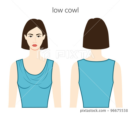 Low cowl neckline clothes character beautiful lady in blue top, shirt, dress technical fashion illustration fitted body 96675538