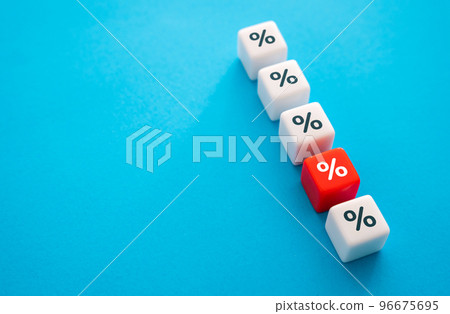 Red highlighted percent among others. Credits line. Interest rate change. Late payment on a loan. High debt load, worsening credit score. write off the debts. Business and finance, banking. 96675695