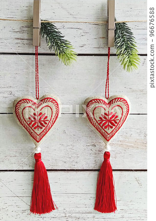 Two linen heart wall hanging with embroidery and red tassel. Handmade baubles zero-waste Christmas 96676588