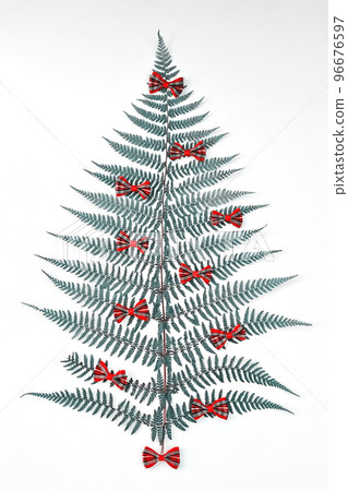 Symbolic Christmas tree made from natural fern leaf decorated ribbon bows on white background, flat lay. Zero Waste Christmas concept 96676597