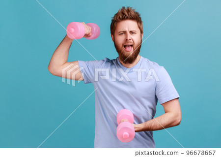 Portrait of excited handsome bearded man holding pink dumbbells looking at camera, pumping biceps at gym, doing exercises with effort. Indoor studio shot isolated on blue background. 96678667