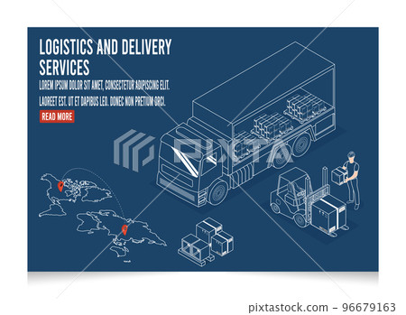 3D isometric Logistics and Delivery services concept with People delivering a box to a customer at home and office, online order tracking, truck. Line with editable stroke. Vector Illustration eps10 96679163
