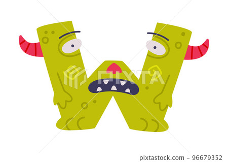 Monster Alphabet with Green Capital Letter W with Horns Vector Illustration 96679352