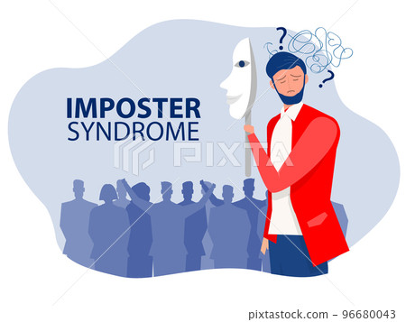 Imposter syndrome.businessman holding a mask self confidence but Anxiety and lack of self confidence at work background; the person fakes is someone else concept Imposter syndrome.businessman holding a mask self confidence but Anxiety and lack of self confidence at work background; the person fakes is someone else concept 96680043