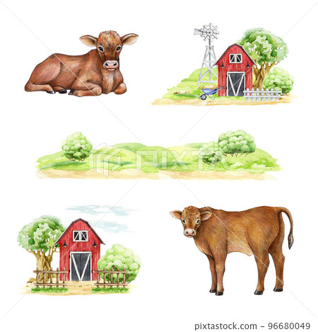 Cow, farm barn, countryside landscape watercolor illustration set. Hand drawn farm animals, red barn with a tree, windmill, green meadow elements. Countryside village elements set. White background Cow, farm barn, countryside landscape watercolor illustration set. Hand drawn farm animals, red barn with a tree, windmill, green meadow elements. Countryside village elements set. White background 96680049