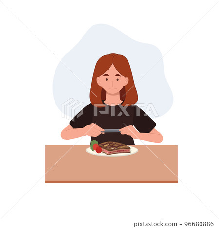 Happy Woman taking a photo of her food. Flat vector cartoon character illustration. Happy Woman taking a photo of her food. Flat vector cartoon character illustration. 96680886