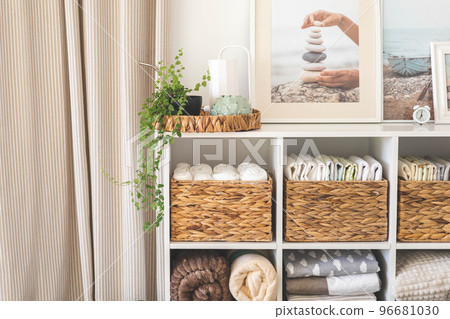 Domestic textile bed linen neatly placed cupboard shelves minimalism Nordic storage method 96681030