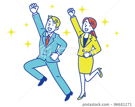 男女商人笑著跳起來，全身 96681271