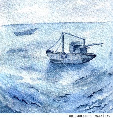 Sillhouette fishing boat on water watercolor illustration background. Sillhouette fishing boat on water watercolor illustration background. 96681939